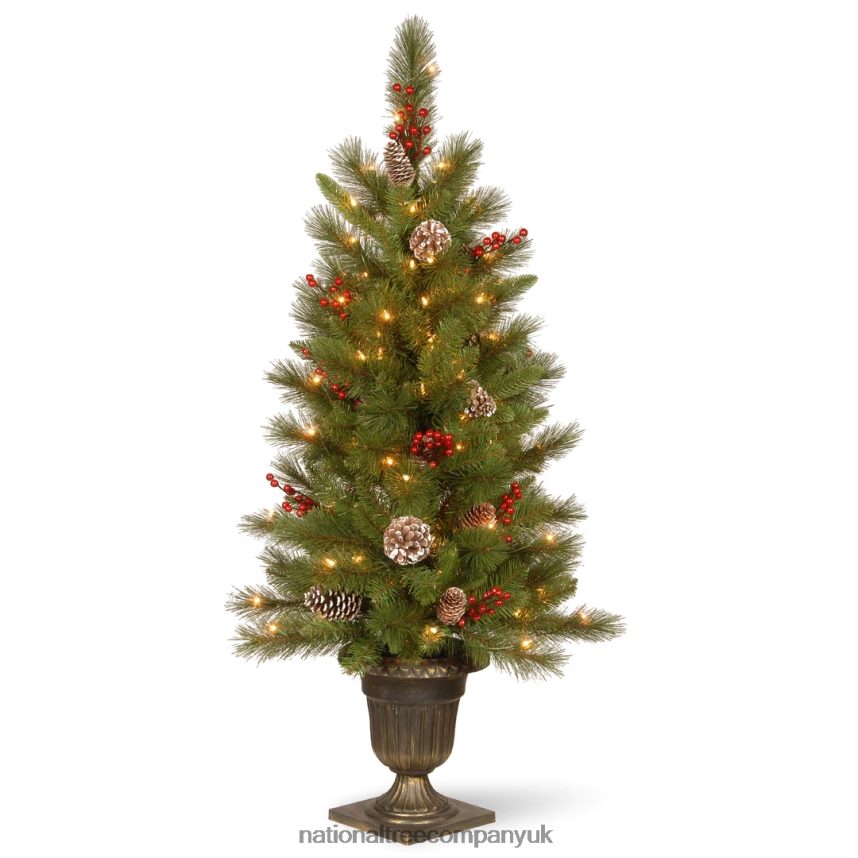 Trees | National Tree Company Pre-Lit Artificial Entrance Christmas Tree Bristle Berry Pine Green White Lights Decorated with Berry Clusters Pine Cones Includes Metal Base 4 Feet F2L4F151